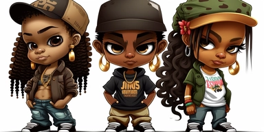 children’s book cover graphics, Black hip hop chibi athletic girls and boys png clipart, mixed race hip hop girl wearing camo, mixed race hip hop girl wearing black, mixed race boy wearing earth tones, mixed race hip hop boy wearing black, 3d, colorful, smiling, happy, white background,