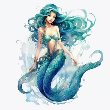 a charming asian mermaid, mermaid fin, full body, artistic interpretations, watercolor, in the style of artgerm, 2d game art, quadratura, clipart, on white blackground,