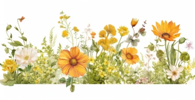 Pressed boho cottagecore floral clipart Peony, ranunculus, sunflower and verbena floral border wildflowers with green foliages floral nature garden border, clipart with white background