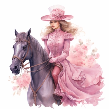A Victorian lady in a pink riding habit, accompanied by her elegant horse with a pink saddle adorned with intricate floral patterns. The soft watercolor washes and fine details bring out the grace and beauty of Victorian equestrian fashion. Clipart, watercolor, white background, intricate detail