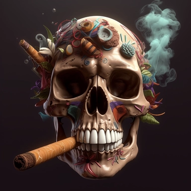 fantasy imagery sublimation colorful design of a skull smoking a thick, brown cigar between its teeth 3d render clipart