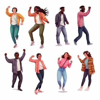 watercolor, Happy people dance to music while listening to it with headphones and earphones. Set of diverse modern men and women dancing from joy and fun png Full body realistic cartoon in 32K UHD cute. 15 cm thick outline. Black color. There was no shadow on the ground. 8k with realistic watercolors and detailed illustrations. PNG clipart, transparent white background