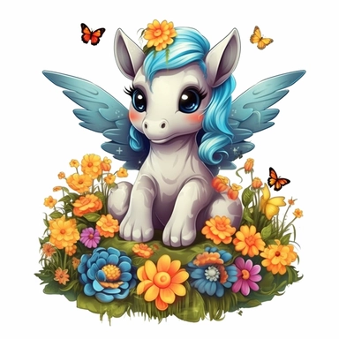 Clipart of Super cute little unicorn colorful sitting on the gross and flower with butterflies around him, isolated