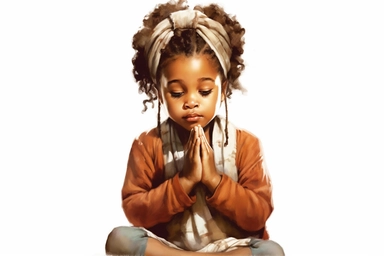 Watercolor happy cute beautiful brown skin african American baby girl praying wearing christmas pajamas, detailed clipart, isolated, white background, spaced out--q 2