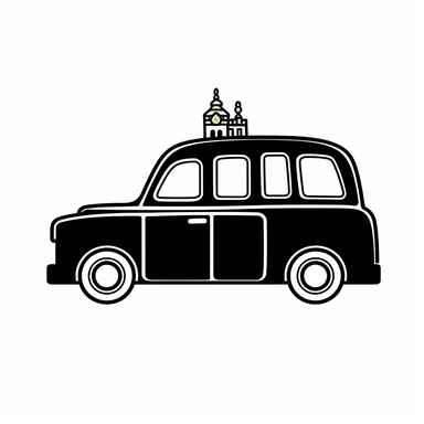 [Theme: United Kingdom] London black cab, simple clipart, coloring book for kids, minimalist cartoon vector line art, thick solid black lines, black and white, isolated on white background