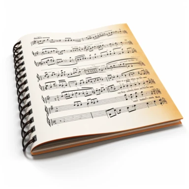 Notebook with sheet music clip art, white background