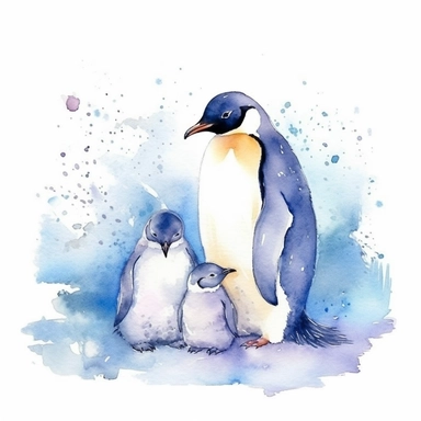 Watercolor clipart consist a penguins caring for their chicks, The background is at arctic, The time set is at sunset, Produce very high detailed image, Produce very high quality image, The penguin proportion is same as real emperor penguin, Left some white empty space around the image frame,