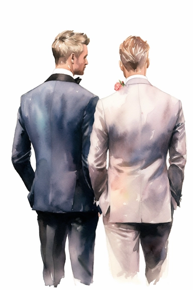 watercolor portrait illustration of groom with best man clipart, close up view of the back, in style of Michiel van Huysum, subtle faded color variations, hyper-detailed hd watercolor clipart, on white background, spaced out