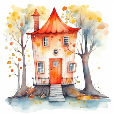 tiny little fairy house with one door and window, watercolor illustration clipart, in the style of orange and red, on white background