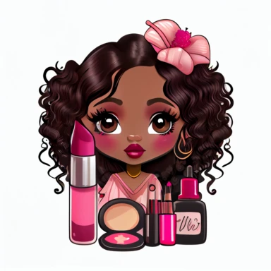 stickers, clipart, very beautiful woman dark skin wavy hair. manga style kawai kpop chibi. luscious pink lips. rosy cheek. nice makeup. dynamic picture. she is getting a manicure. white background.8K.very detailed. full body detail.