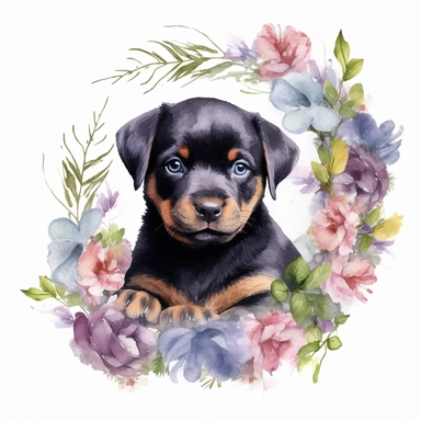 watercolor realistic rottweiler puppy clipart in a floral frame with transparent background