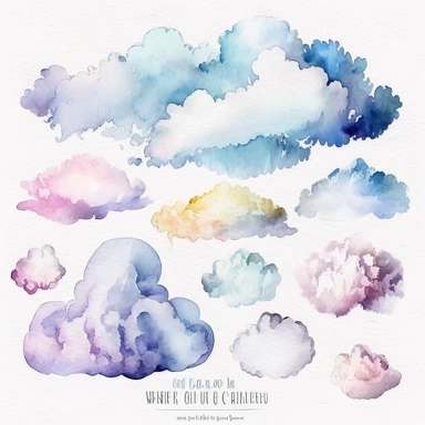 clouds, ombre, watercolor,all white background, clipart