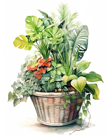 potted plant, clipart, basket, watercolour style,