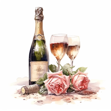 Watercolor a drawing of a bottle of champagne near a rose, in the style of nene thomas, grandiose composition, pascal blanché clipart, hd, detailed, on white background, spaced out
