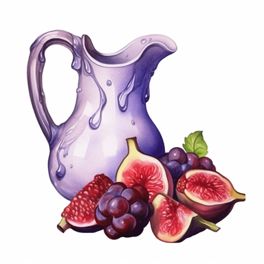 watercolor fig fruits, water pitcher with figs aplique, in the style of uhd image, grid-based, free brushwork, fairy tale illustrations, lively illustrations, sketchfab, light purple and red Clipart desert cartoon t-shirt graphic, vector, contour, isolated on a white background