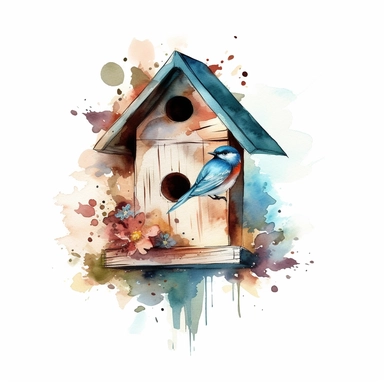 birdhouse clipart , watercolor, realistic, soft lighting, white background