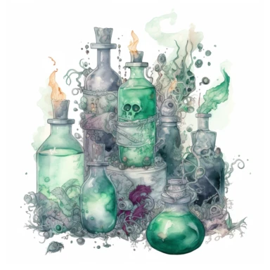 witch potions , in the style of mystic mechanisms ,pencil art illustrations, Isolated white background, reimagined by industrial light and magic, lith printing, illusory images, watercolor clipart, very subtle emerald tones, , ,