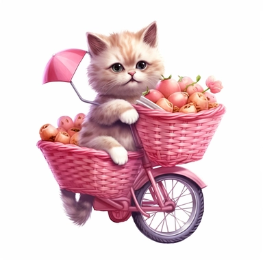 Create a clipart of a kitten riding a pink bicycle with a basket full of picnic food, ready for a day in the park. Low detail. White background, soft lighting. In the style of Bob Ross