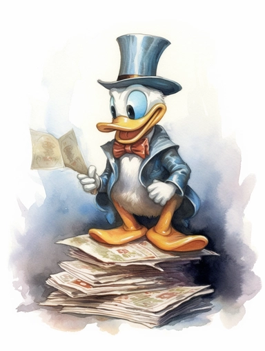 watercolour CLIP ART, Colourful Fantasy,clear black background,Donald duck seems very rich having cigar in his mouth and sitting on money and wearing a giant hat and boots,--v 4