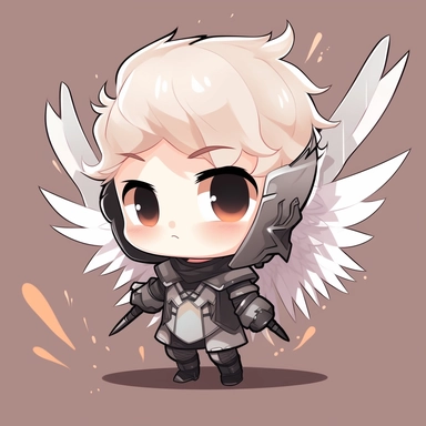 kawaii cute boy, angel knight, tiny chibi body with armor, halo crown, armored wings, smerk, super long cape, smile, clipart, sticker, retrowave style, no background, hd