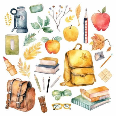 watercolor clipart back to school cute elements, school supplies, crayons, backpack, school blackboard, class room desk, notebooks etc. hight quality white background