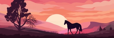 The clipart shows a horse in a delicate and romantic atmosphere. The horse is standing in a picturesque landscape illuminated by a warm, golden evening sun. The background is designed with soft hues like pastel pink, lavender or a soft sunset gradient. The horse itself has an elegant and graceful posture. It has its head slightly lowered as it gazes into the distance, as if filled with dreams and romance. The horse's eyes have a gentle and dreamy expression. The mane and tail are long and flowin