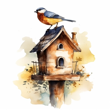 birdhouse clipart , watercolor, realistic, soft lighting, white background