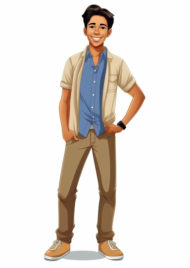 a fashionable realistic adorable hispanic teenage boy, smiling, from 2020, clipart, head to toe, white background