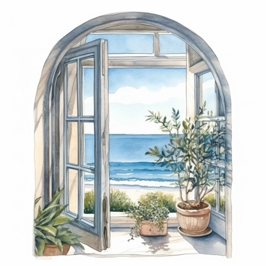 coastal window, very detailed and realistic, watercolor, white background with margins, clipart style