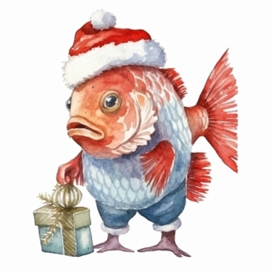 Watercolor, cute Christmas Tropical fish, with a red hat, coat and sack of gifts, PNG, winter, nursery, cartoon, highly detailed, watercolor, very high details, white background, clipart style