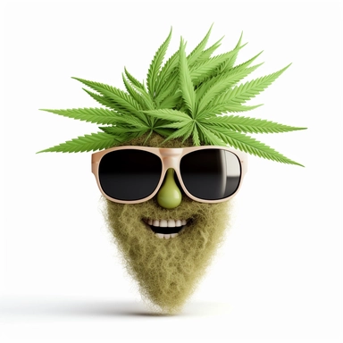 Clipart of a mellow cannabis bud with sunglasses and a smile on a white background