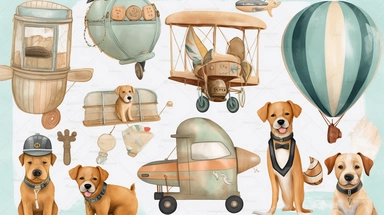 Wood dog Pilot Clipart, balloon with a basket , Aviator Clipart, cute sweet dogs Illustrations vintage