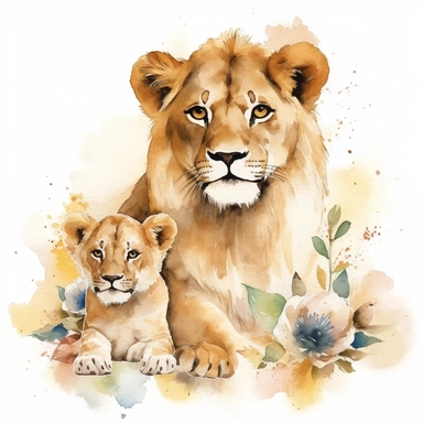family, baby, lion and lioness,Watercolor Clipart high quality, white background , lion and lioness, cute, love