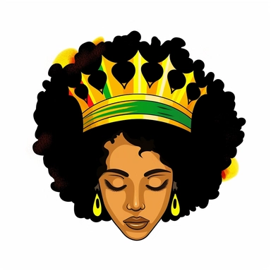 Clipart style, close in the face of a black woman. Her eyes are closed. Her eyelids are colored with the colors of the jamaica flag. She has a black powerful bioluminescent afro hair on a white background