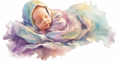 Adorable new baby wrapped up in soft fleece blanket, intricate, full body lying down, soft pastel colors, watercolour clipart, I can't believe how beautiful this is