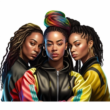clipart style white background three beautifully stunning well built group of african American women with goddess locs in a desiginer nike sweat suits on standing up confident with her arms folded slightly smiling with beautiful brown flawless skin long beautiful eyelashes , unreal engine photorealistic, Canon 8k polished in the style of lisa frank, charlie bowater, focused