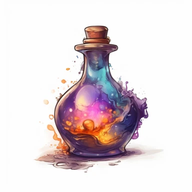 magical potion bottle, magical and mystical, video game style, clean and crisp, clipart, illustration, alchemical, smoke and embelishments, wizards potions, isolated on white background