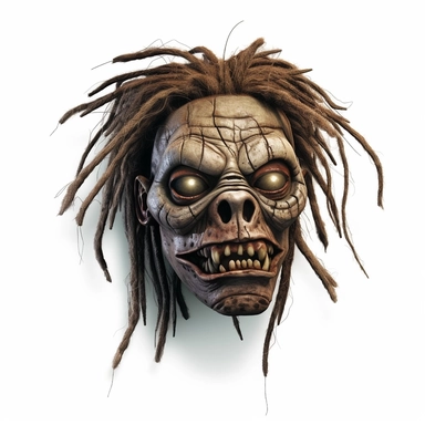 a voodoo shrunken head with mouth and eyes stitched shut, calm expression, dark shrivelled skin, pastel, photorealistic, hyper realistic, ultra high-detail, dark outlines, white background, clipart,
