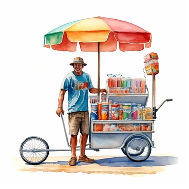 a watercolor clipart on isolated white background of a man selling ice cream on an ocean beach.