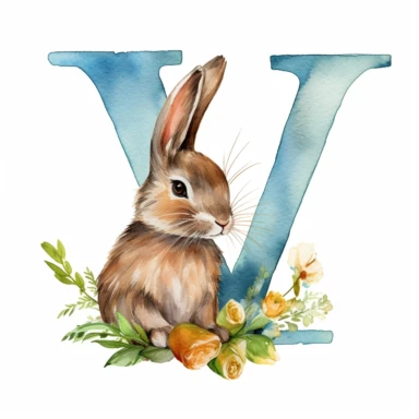 a beautiful one of the kind watercolor clipart featuring a letter V with a cute bunny, in the style of delicate watercolors, wallpaper, 32k uhd, hand-painted details, oshare kei, wimmelbilder, joyful celebration of nature, close up, isolated on white plain background