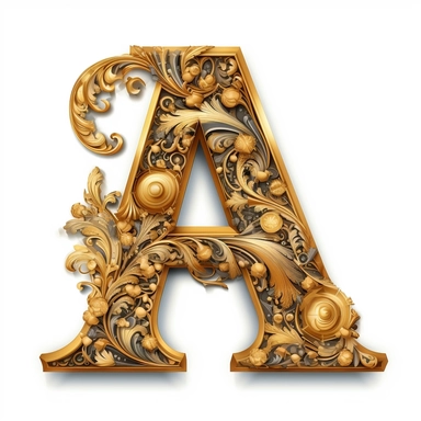 clipart white background Letter A gold ornated in the style of old books, Chapter beginning, baroque style
