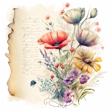 Old page damaged by time with old handwriting and a bouquet of wildflowers, poppy, daisy, watercolor pastel color clipart, soft light, white background