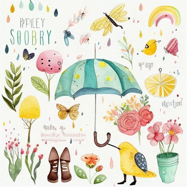 Please create a series of watercolor clipart illustrations featuring different items related to spring. Each illustration should be drawn in a charming and playful style that captures the beauty and vibrancy of the season. Items to include can be flowers, butterflies, birds, bees, rain boots, and umbrellas. Please use a coherent color palette that is bright and cheerful, but also soothing and calming. Colors that are associated with spring, such as greens, blues, pinks, and yellows, should be us
