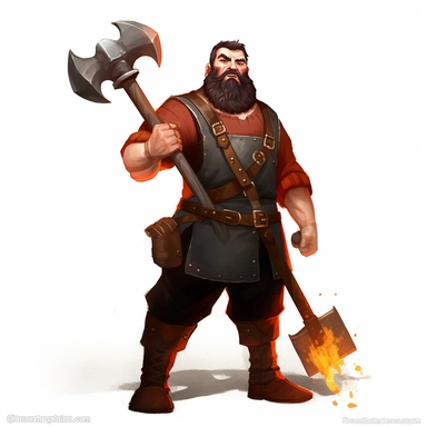 Clipart of a skilled dwarven blacksmith with a bushy beard, wearing a leather apron, protective gloves, and a soot-stained tunic, wielding a heavy hammer in one hand and tongs holding a red-hot sword in the other. High detail, realistic style drawing. Full body.