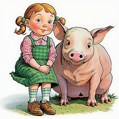 Ferne and Wilbur from Charlotte's Web clipart, bright colors, high quality, 8k, picturesque, for young kids