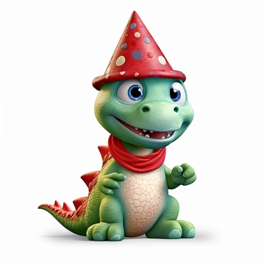 create a cute soft color and red baby dinosaur wearing a party cap, Pixar animation style, deep eyes, and clipart on white background