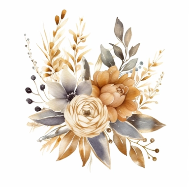 watercolor dusty gold floral composition clipart for wedding invitation card, hd, detailed, pastel color, clean line, on white background, spaced out