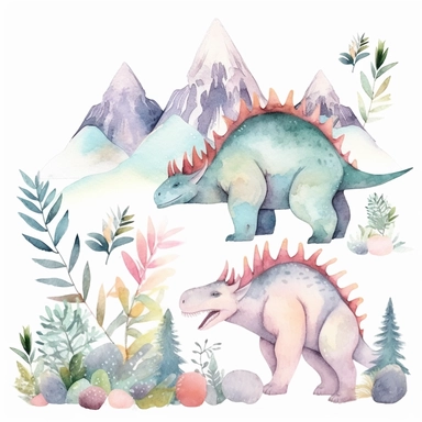 friendly, fluffy watercolor dinosaurs clipart, pastel colors, in the mountains, forest, separated, seamless, transparent background--AR 3:2