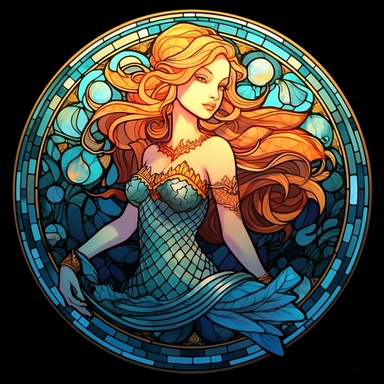 a stained glass glowing mermaid with glowing lights on her scales, mermaid fin, delicate detail, manhwa character design, in the style of artgerm, 2d game art, quadratura, clipart, on white blackground, circular shape,