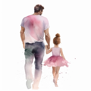 Watercolor illustration of father with his daughter wearing a pink tutu, showing the back side only, 2d asset, isolated cozy object on white background, warm cozy colors, white background, watercolor, hyperrealism, high detail, isolated elements, clipart